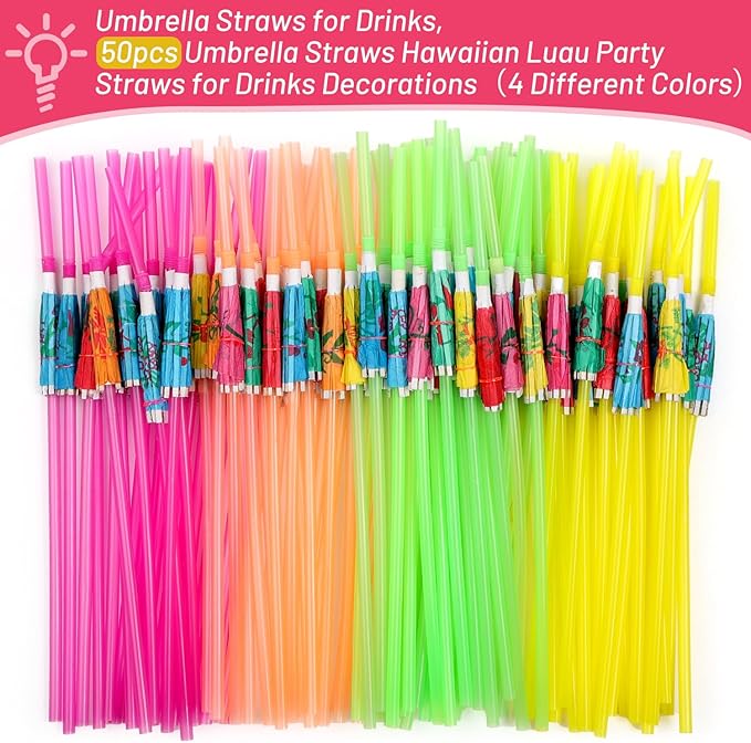 Paxcoo 50pc Umbrella Straws for Cocktails, Tropical Hawaiian Luau Party - Image 3