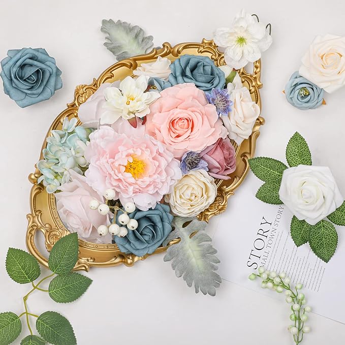 AmyHomie Blue Pink Artificial Flowers Combo Silk Mix Peony Rose Hydrangea Daisy - Image 6