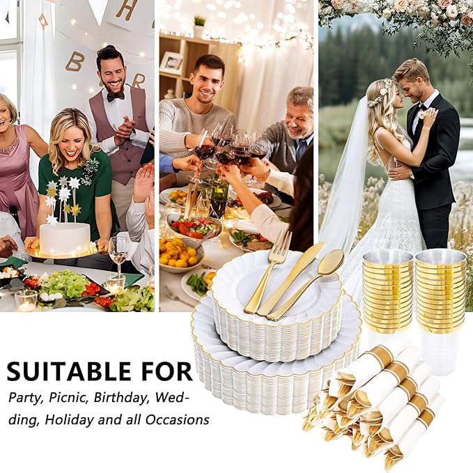 YOUBET 350PCS Gold Scalloped Plastic Plates - Image 4