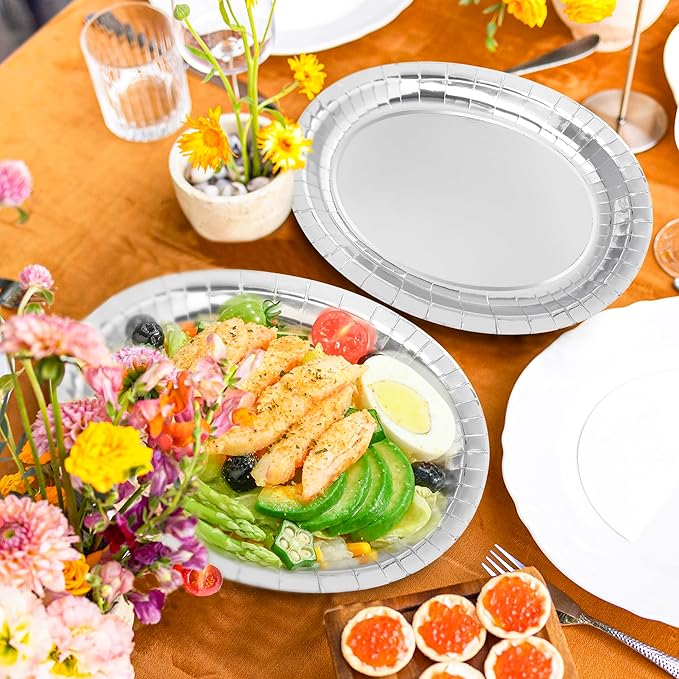 50 Pcs Oval Large Paper Plates, 12.2'' X 10.2'' Silver Foil Paper Plates - Image 5