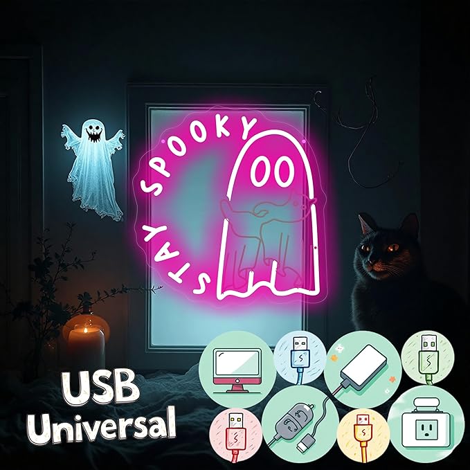 Halloween Ghost holding a cat Stay Spooky Neon Sign, Funny Halloween Party Wall - Image 3