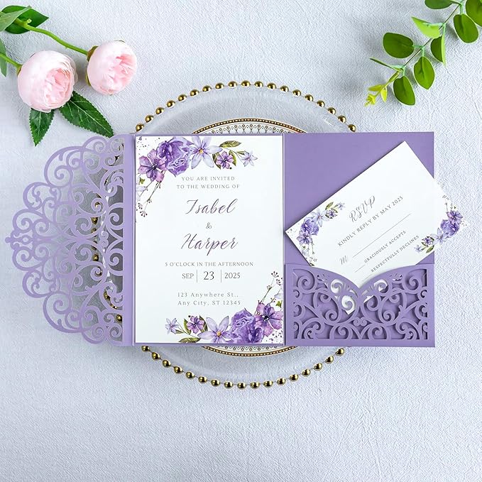 ponatia 20PCS Lilac Quinceanera Invitation Cards, Tri-Fold Laser Cut Wedding - Image 3