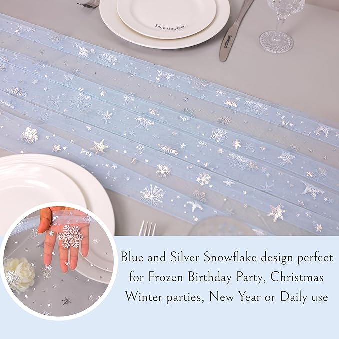 Snowkingdom Silver Snowflake Christmas Table Runner, 10ft Blue Cheesecloth - Image 4