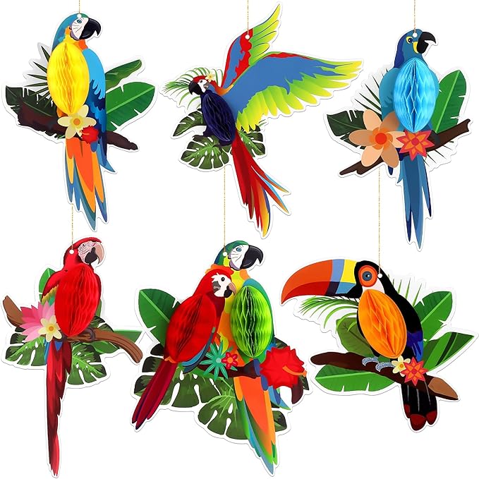 6Pieces Tropical Birds Honeycomb Parrot Paper Cutouts Decorations, Hawaiian by Pedel