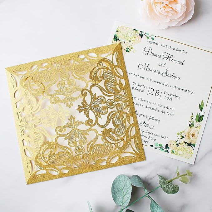 Hosmsua 6.3 x 6.3 Inch 50PCS Gold Glitter Laser Cut Wedding invitation Cards - Image 5