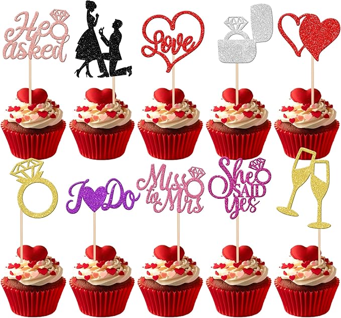 30 PCS Bride to Be Cupcake Toppers Glitter Miss to Mrs I Do Love Heart Ring by ZHUOWEISM