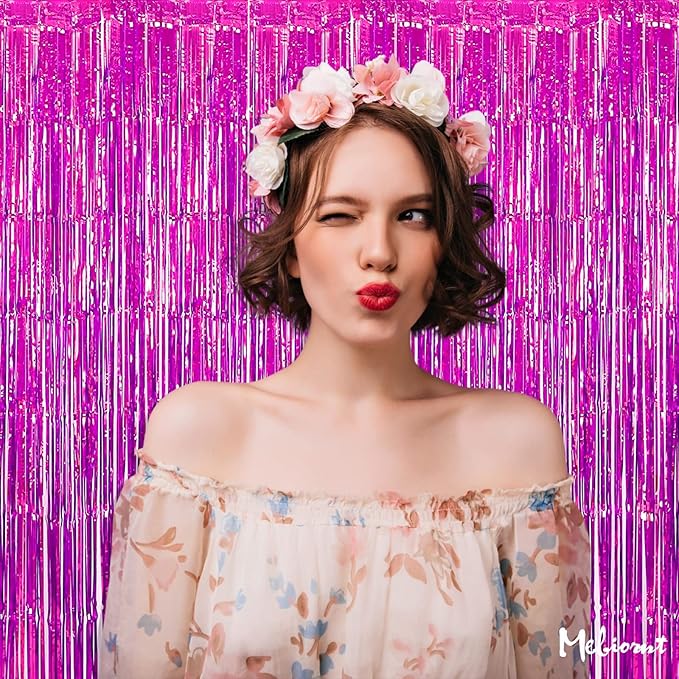 4 Pack Fuchsia Fringe Curtain Backdrop, 3.2Ft x 6.6Ft Metallic Tinsel Foil - Image 4