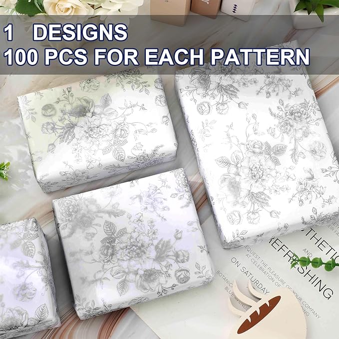 JarThenaAMCS 100 Sheets Floral Tissue Paper Silver Flower Gift Wrapping Paper - Image 3