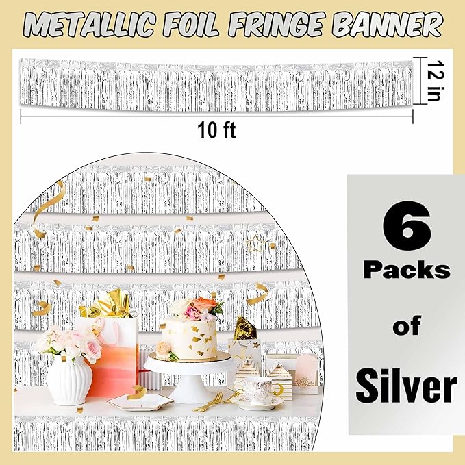 6 Pack 10 Ft Silver Foil Fringe Garland Metallic Streamers Tinsel Banner Wall - Image 2