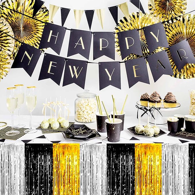 3 Pack Black Gold Silver Foil Fringe Table Skirts Metallic Tinsel Streamers - Image 6