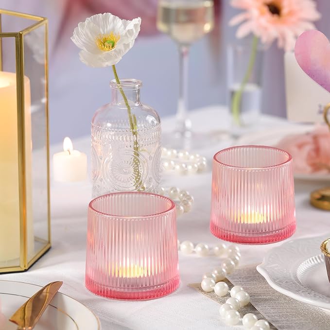 Pink Ribbed Tealight Votive Candle Holders- 6Pack Glass Candle Holders - Image 5