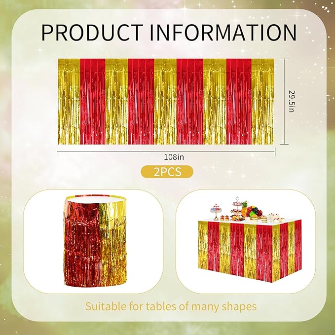 BEISHIDA 2 Pack Red Gold Table Skirts Party Decorations Metallic Tinsel Foil - Image 2