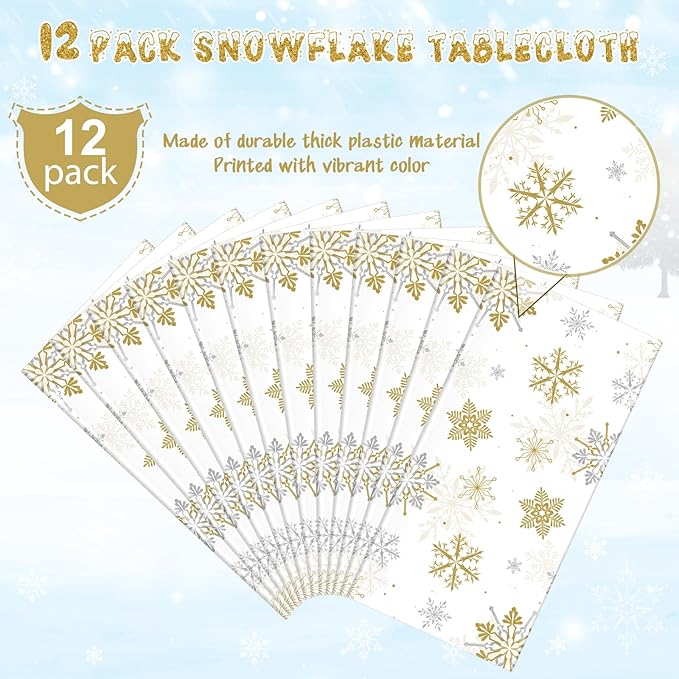 12Pcs Christmas Snowflake Party Tablecloths Decorations, Plastic White and Gold - Image 4