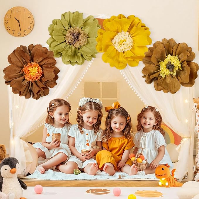 4 PCS 20" Brown Yellow Giant Paper Flowers Boho Baby Shower Party Decorations - Image 6