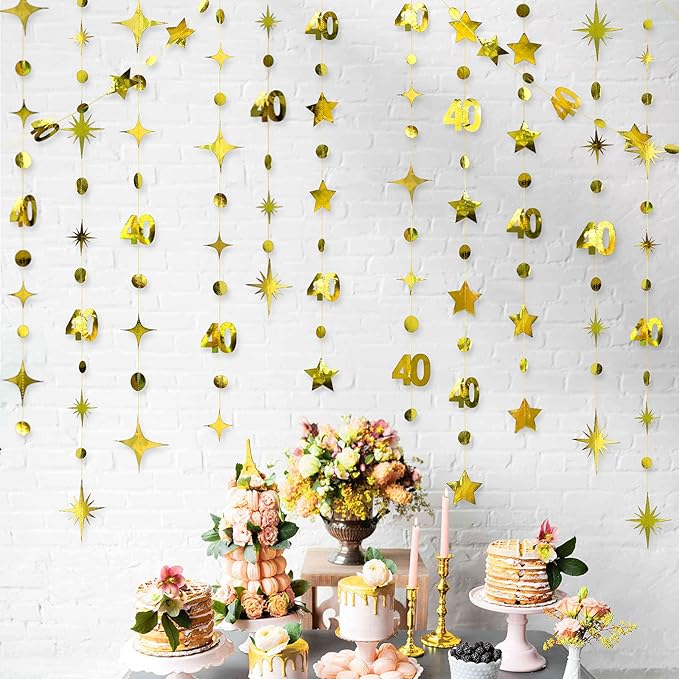 Gold 40th Birthday Decorations Number 40 Circle Dot Twinkle Star Garland - Image 5