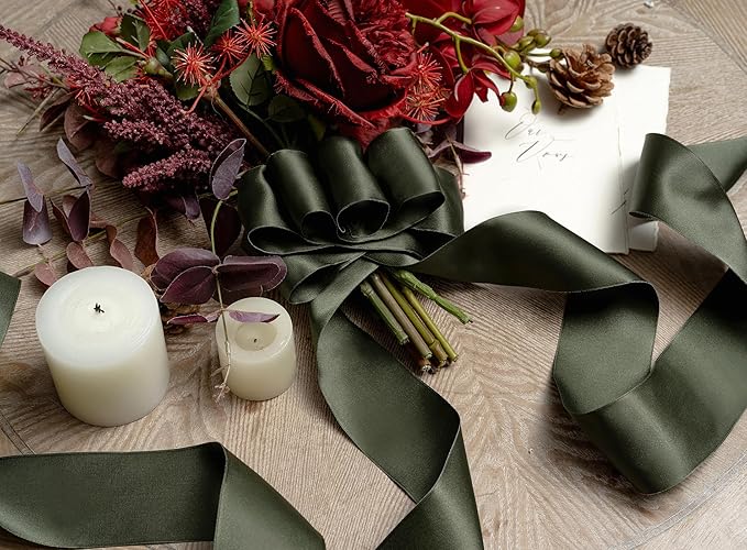 Moss Green Satin Ribbon Double-Faced Wired Ribbons - Image 4