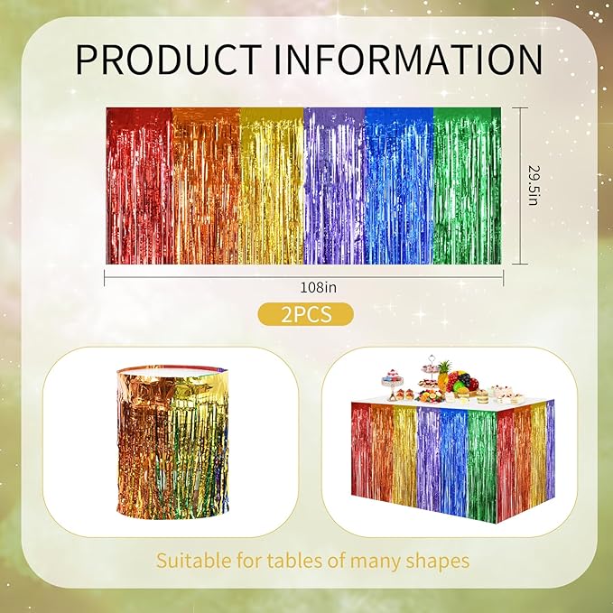 BEISHIDA 2 Pack Rainbow Metallic Tinsel Foil Fringe Table Skirts - Image 2