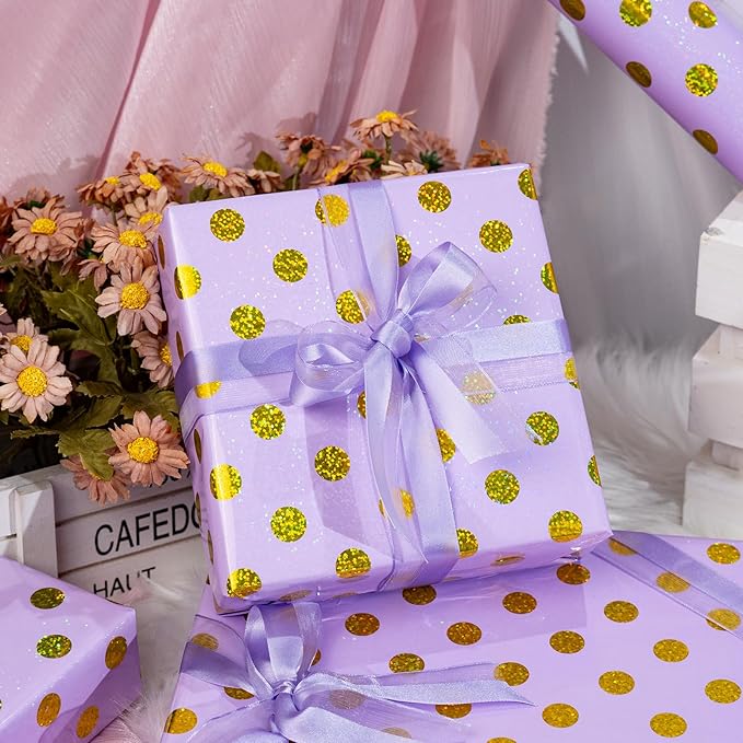 Burymento Purple Holographic Dots Wrapping Paper, Reversible Gold Gift Wrap - Image 4