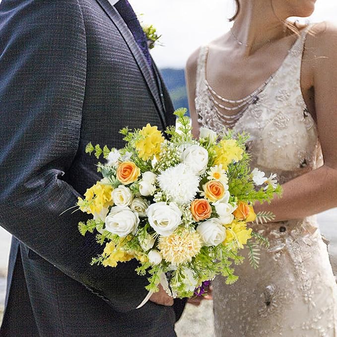 8Pcs Fake Flower Bouquet Artificial Silk Flowers White Yellow Rose Faux Floral - Image 3