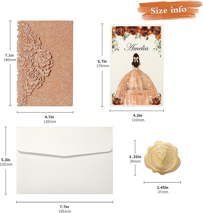 DORIS HOME 50pcs Laser Cut Quinceanera Invitations Terracotta Glitter, 4.7x7.1 - Image 3