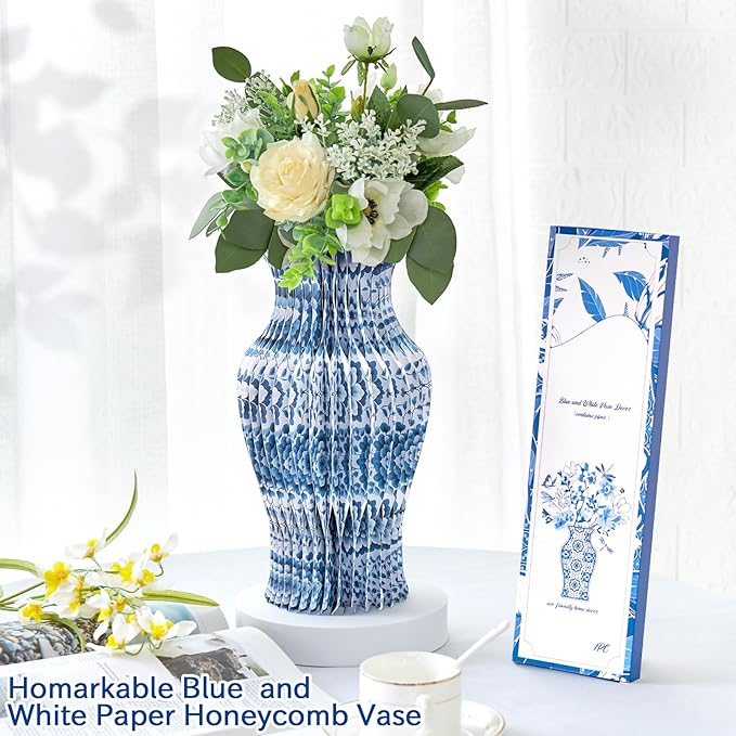 Blue and White Paper Honeycomb Vase, 11.6 Inch Foldable Decorative Vase - Image 2