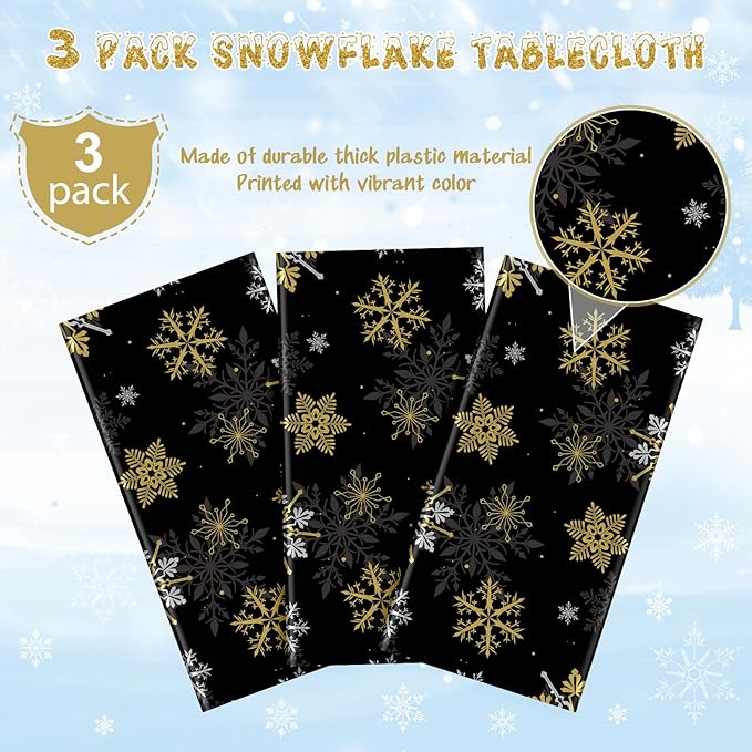 3Pcs Christmas Snowflake Party Tablecloths Decorations, Plastic Black and Gold - Image 4