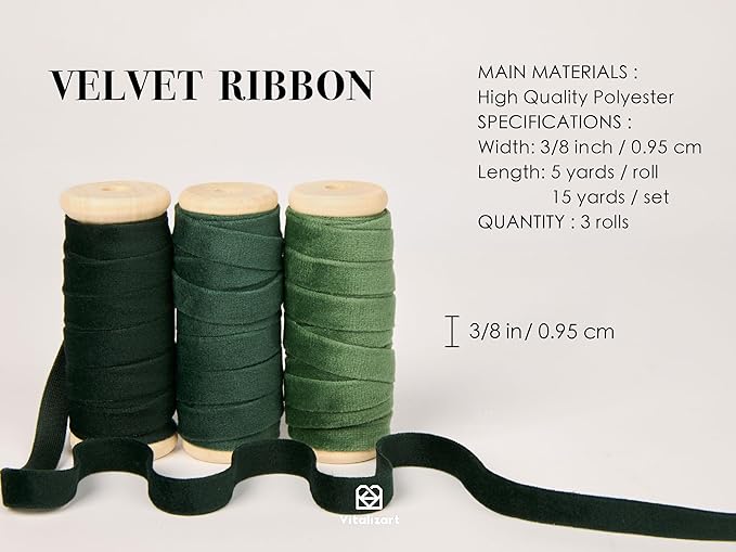 Vitalizart Green Velvet Ribbon 3/8" x 15 Yd Fabric Trim 3 Rolls * 5 Yd - Image 2
