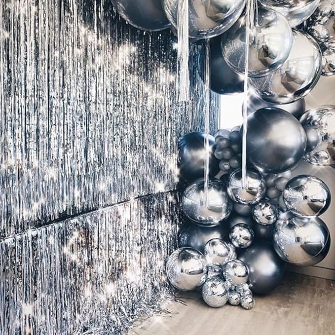 PartyWoo Foil Fringe Curtains Silver, Fringe Backdrop, Tinsel Backdrop - Image 4