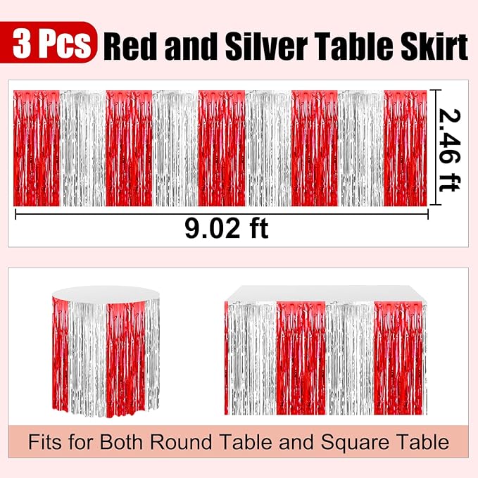 3 Pack 29 x108 Inch Red Silver Foil Fringe Table Skirts Metallic Banner - Image 2