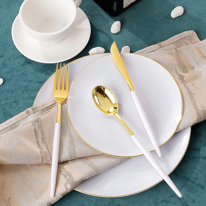 Supernal 150pcs White and Gold Plastic Plates, 30 Forks, 30 Knives, 30 Spoons - Image 3