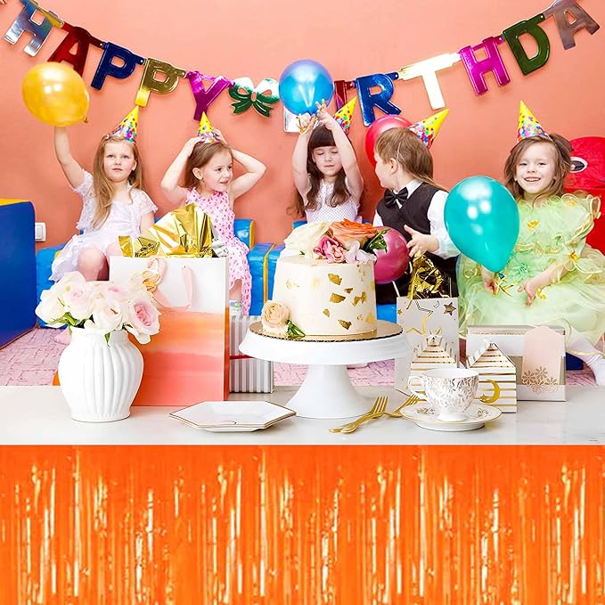 3 Pack 29 x108 Inch Macaron Orange Foil Fringe Table Skirts Metallic Banner - Image 5