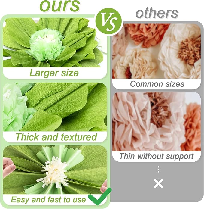 SUNBEAUTY 4 PCS 20" Sage Green Giant Paper Flowers Large Crepe Paper Tissue - Image 3