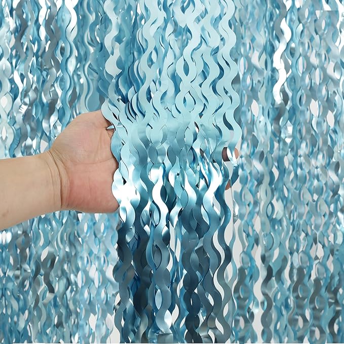 4 Pack Wavy Blue Foil Fringe Curtain 3.3x6.6 Feet | Blue Streamers Tinsel by KEEUH