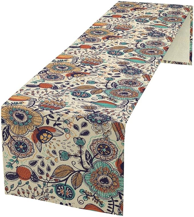 Boho Floral Table Runner, Vintage Flowers Tropical Plants Country Style Table by Unknown
