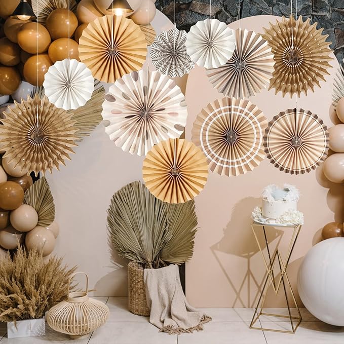 Boho Hanging Paper Fans White Brown Champagne Party Decorations Neutral Rustic - Image 6