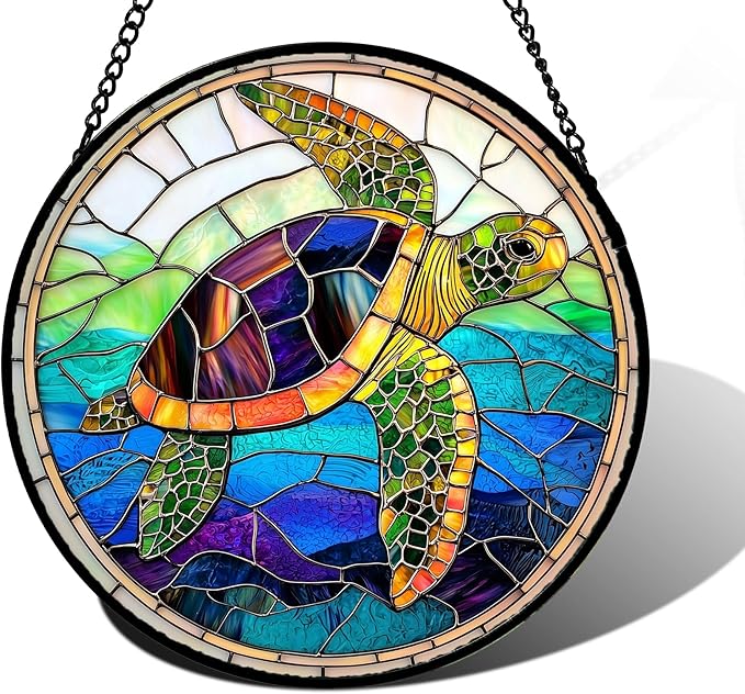 Stained Glass Window Hanging, Colored Turtle Ocean Suncatcher Diamond Glass by DASTOLL