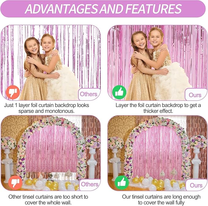 Crosize 8 Pack 3.3 x 9.9 ft Pink Foil Fringe Curtains Party Decorations - Image 3