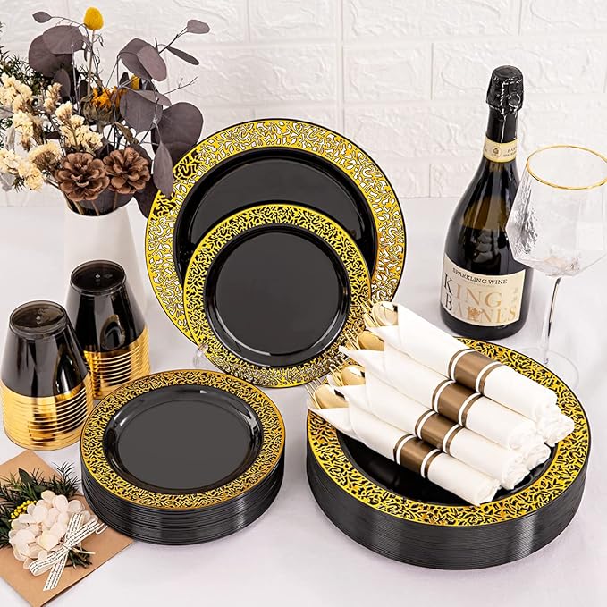 NOCCUR 210pcs Black and Gold Dinnerware Set - Image 4