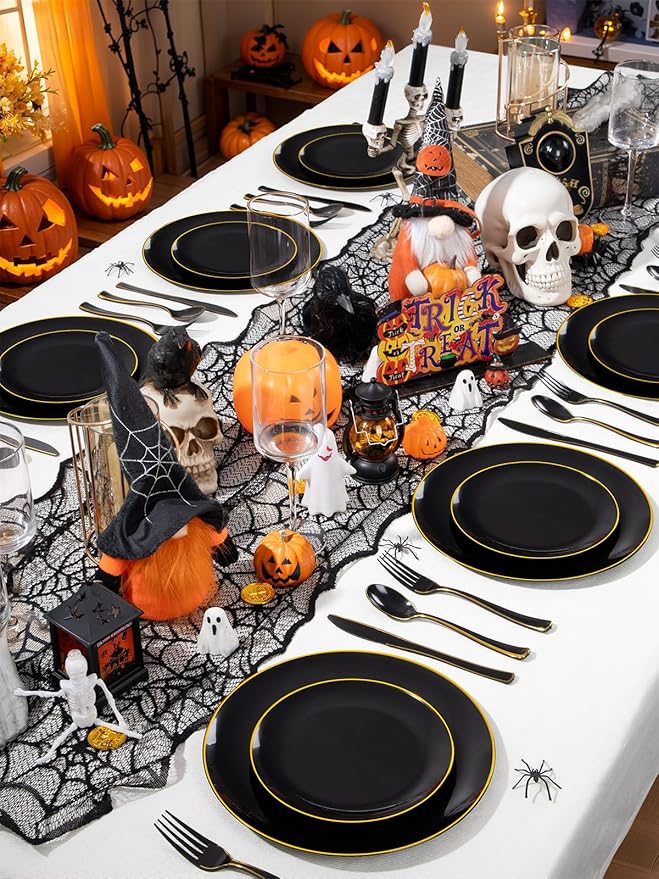 WDF 180 Pieces Black and Gold Plastic Silverware -Halloween Black Plastic - Image 3