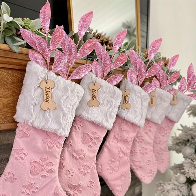 GREENTIME 12 Pack Artificial Pink Glitter Leaves 13" Fake Christmas Picks - Image 5