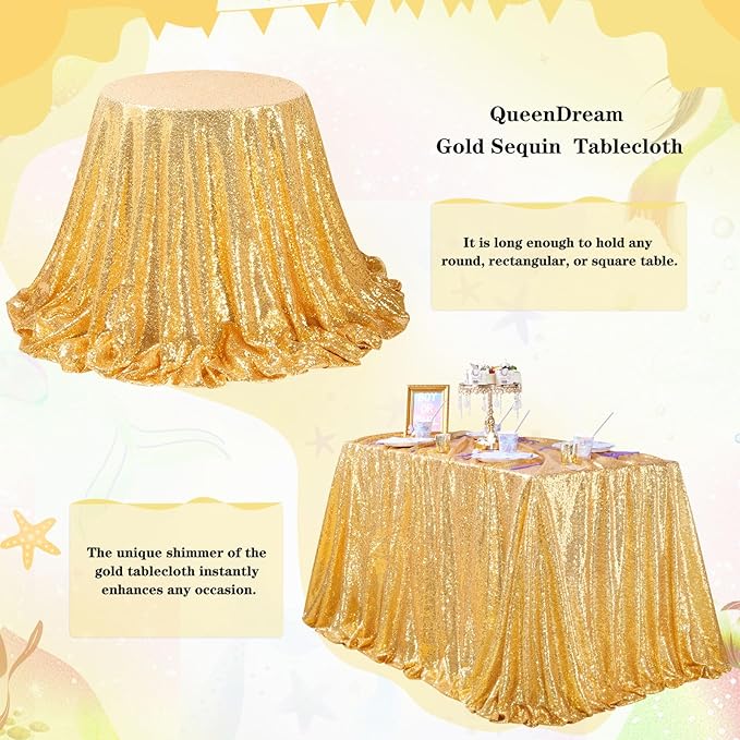 QueenDream Gold Table Cloth Party Decorations: Sequin Fabric 90x90 Inch Sparkle - Image 3