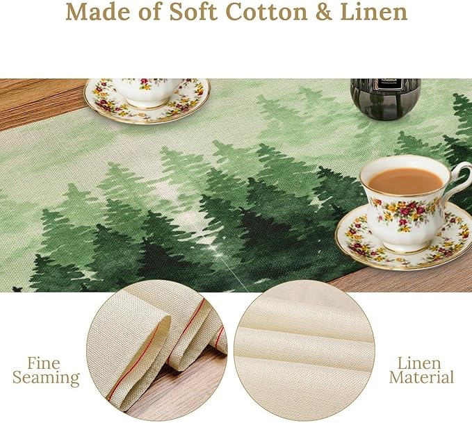 Foggy Forest Table Runner, Watercolor Wreen Misty Forest Landscape Table Runner - Image 5