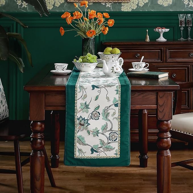 patdrea Designer Elegant French Floral Velvet Table Runner, Teal - Image 3