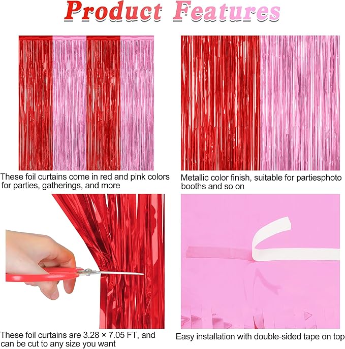 2 Pack Backdrop Curtains, 3.28 Feet x 7.05 Feet Red Pink Backdrop, Metallic - Image 4