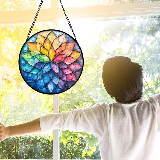 Stained Glass Window Hanging, Colorful Flower Petals Sun Catchers Diamond Glass - Image 4