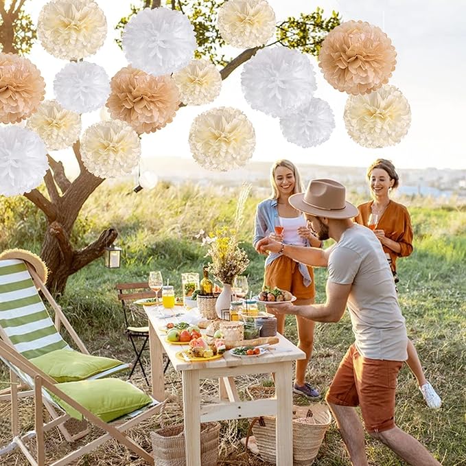 SUNBEAUTY 15 PCS Boho Champagne Pom Poms Tissue Paper Flowers, Wall Hanging - Image 5