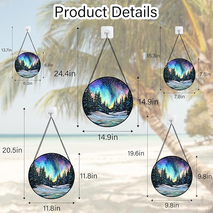 Stained Glass Window Hanging, Aurora Landscape Sun Catchers Glass Panel Green - Image 5
