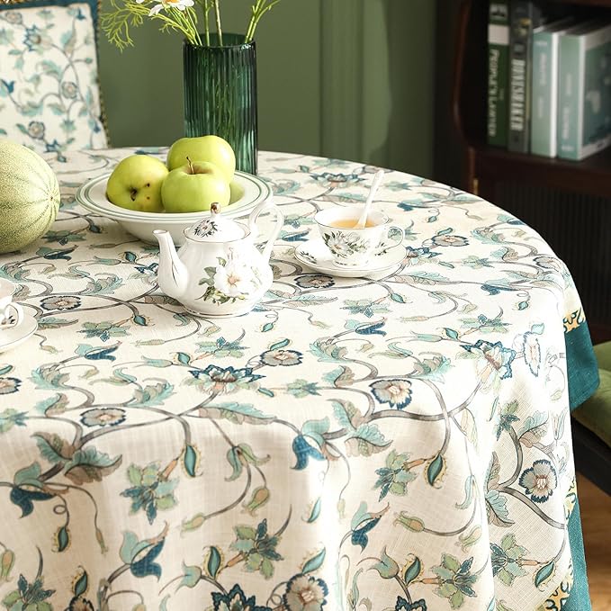 patdrea Designer Linen Vintage Round Table Cloth, Vintage Green Floral Pattern - Image 8