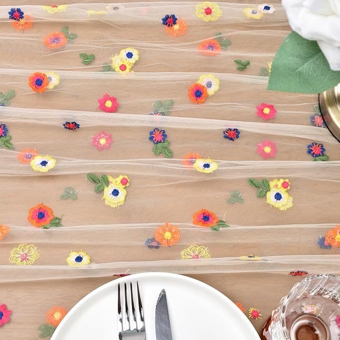 Joanlody Champagne Embroidery Daisy Fall Thanksgiving Table Runner 10ft Florals - Image 6