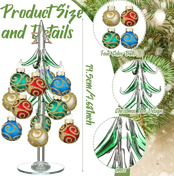 Glass Christmas Tree with 12 Ornament Glitter Balls Tabletop Wine Glass Charms - Image 2